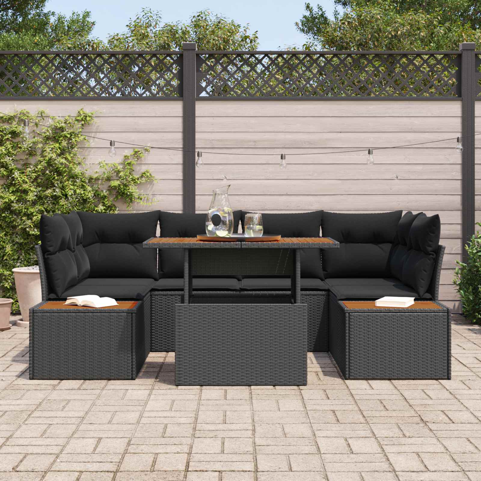 Garten-Sofa-Set mit Speicher 7 pcs Schwarz Poly Rattan