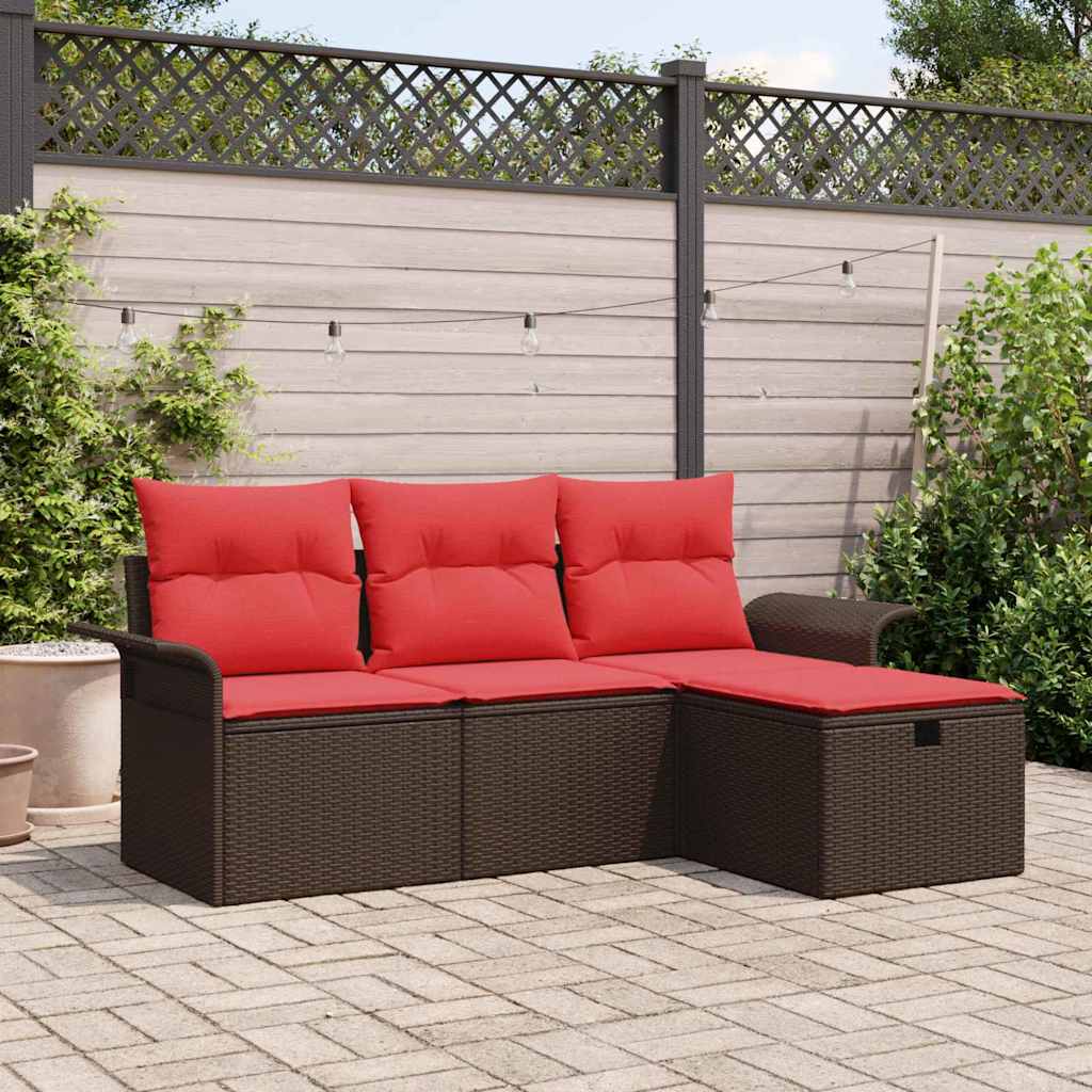 Gartensofa-set mit Kissen 4 pcs Braun und Rot Poly-Rattan