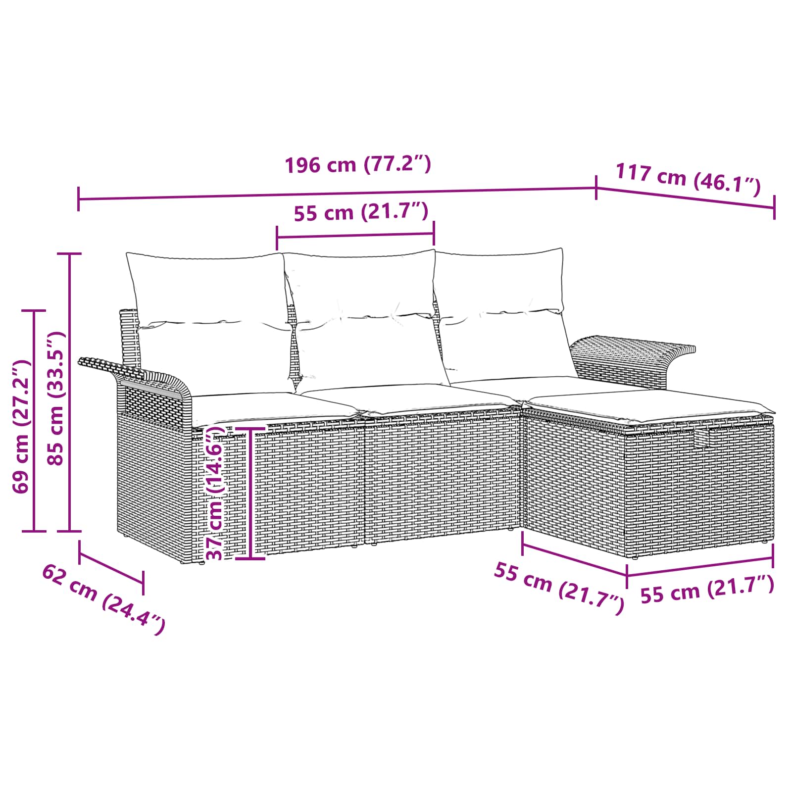 Gartensofa-set mit Kissen 4 pcs Schwarz und Türkis Poly-Rattan