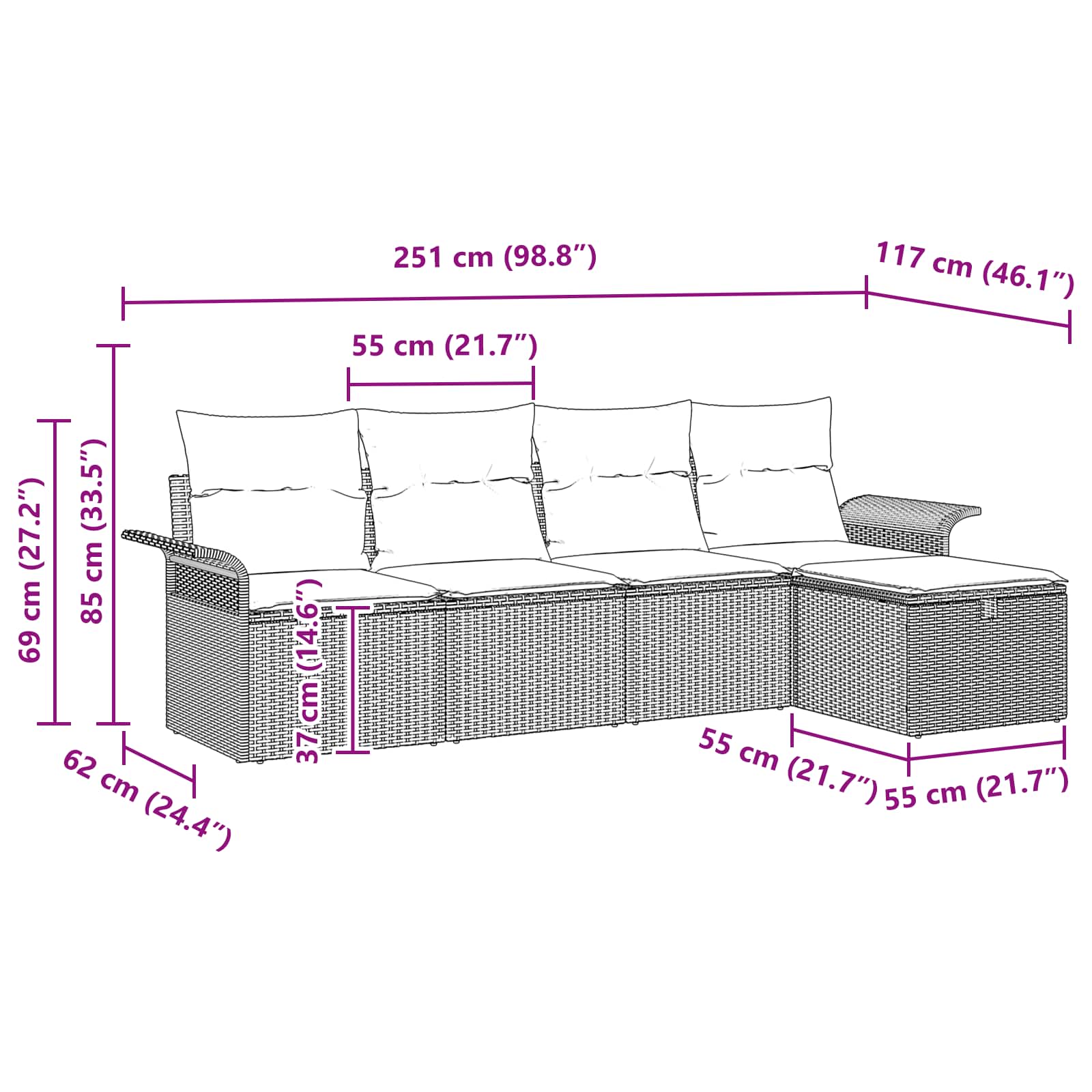 Gartensofa-set mit Kissen 5 pcs Braun und Rot Poly-Rattan