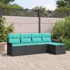 Gartensofa-set mit Kissen 5 pcs Schwarz und Türkis Poly-Rattan