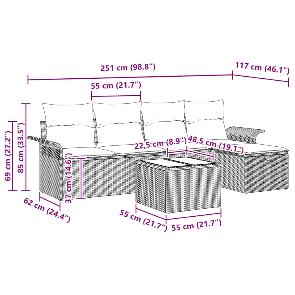 Gartensofa-set mit Kissen 6 pcs Schwarz Poly-Rattan