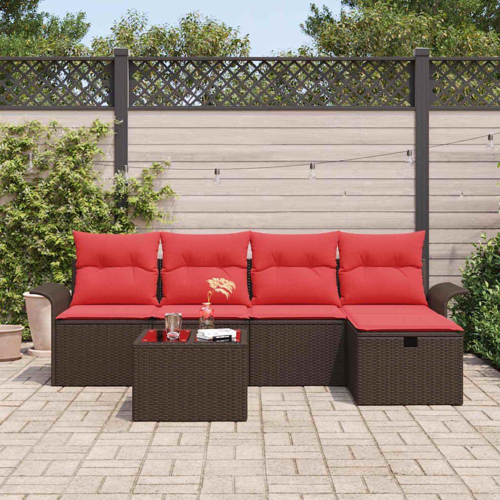 Gartensofa-set mit Kissen 6 pcs Braun und Rot Poly-Rattan
