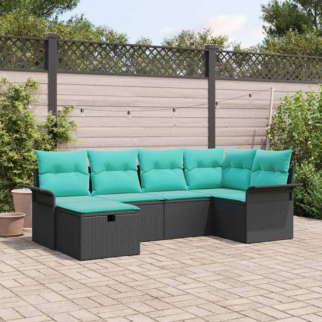 Gartensofa-set mit Kissen 6 pcs Schwarz und Türkis Poly-Rattan