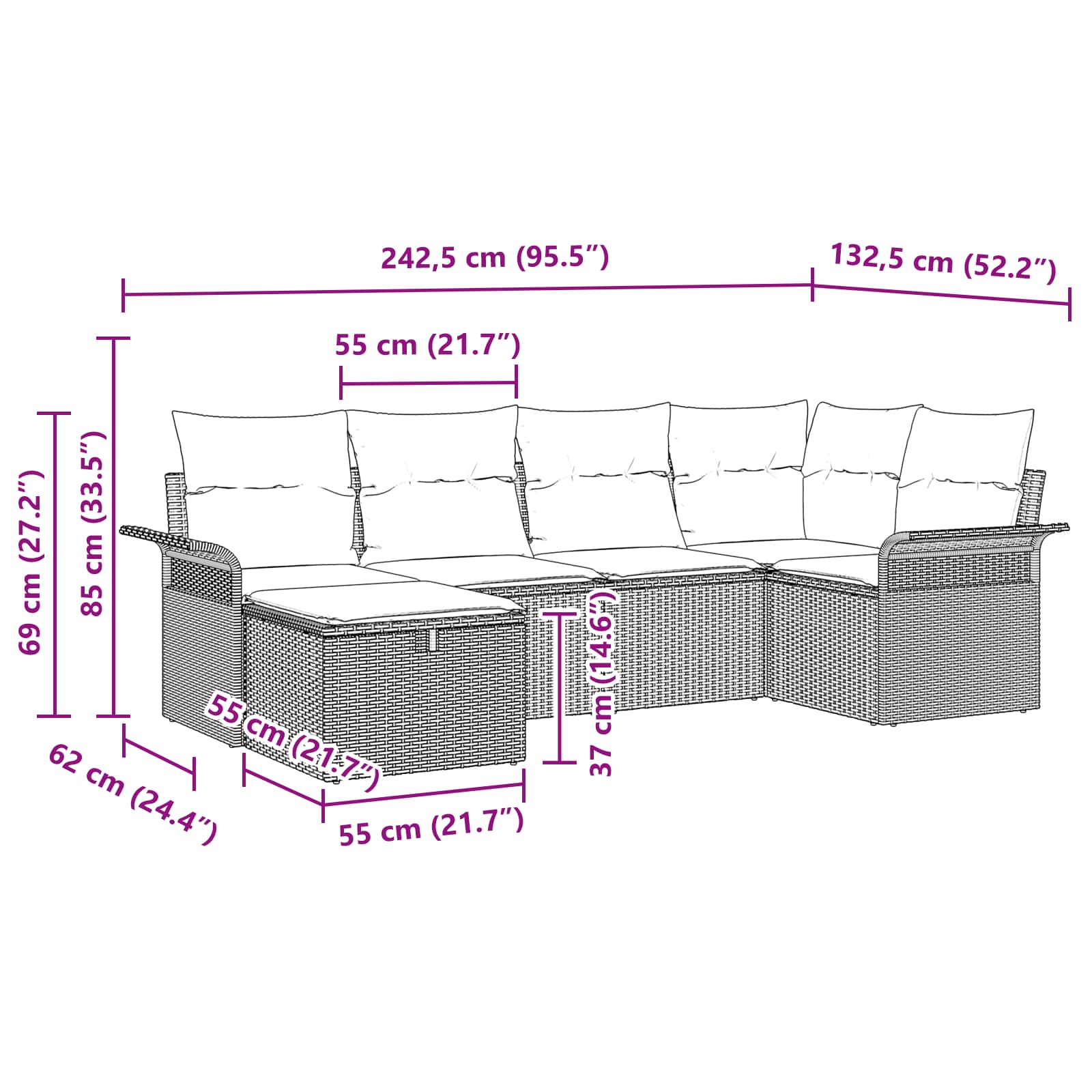 Gartensofa-set mit Kissen 6 pcs Schwarz und Türkis Poly-Rattan