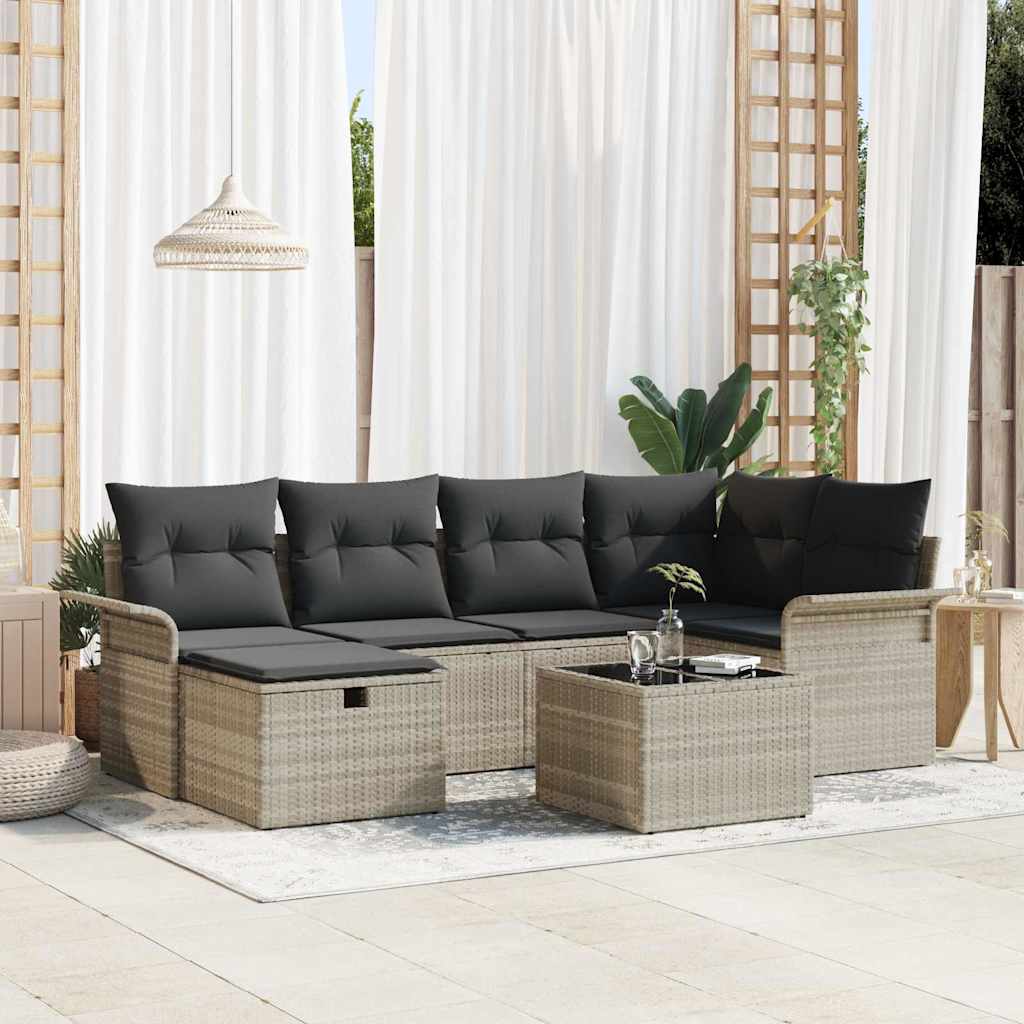 Gartensofa-set mit Kissen 7 pcs Hellgrau Poly-Rattan