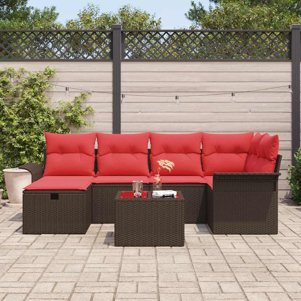 Gartensofa-set mit Kissen 7 pcs Braun und Rot Poly-Rattan
