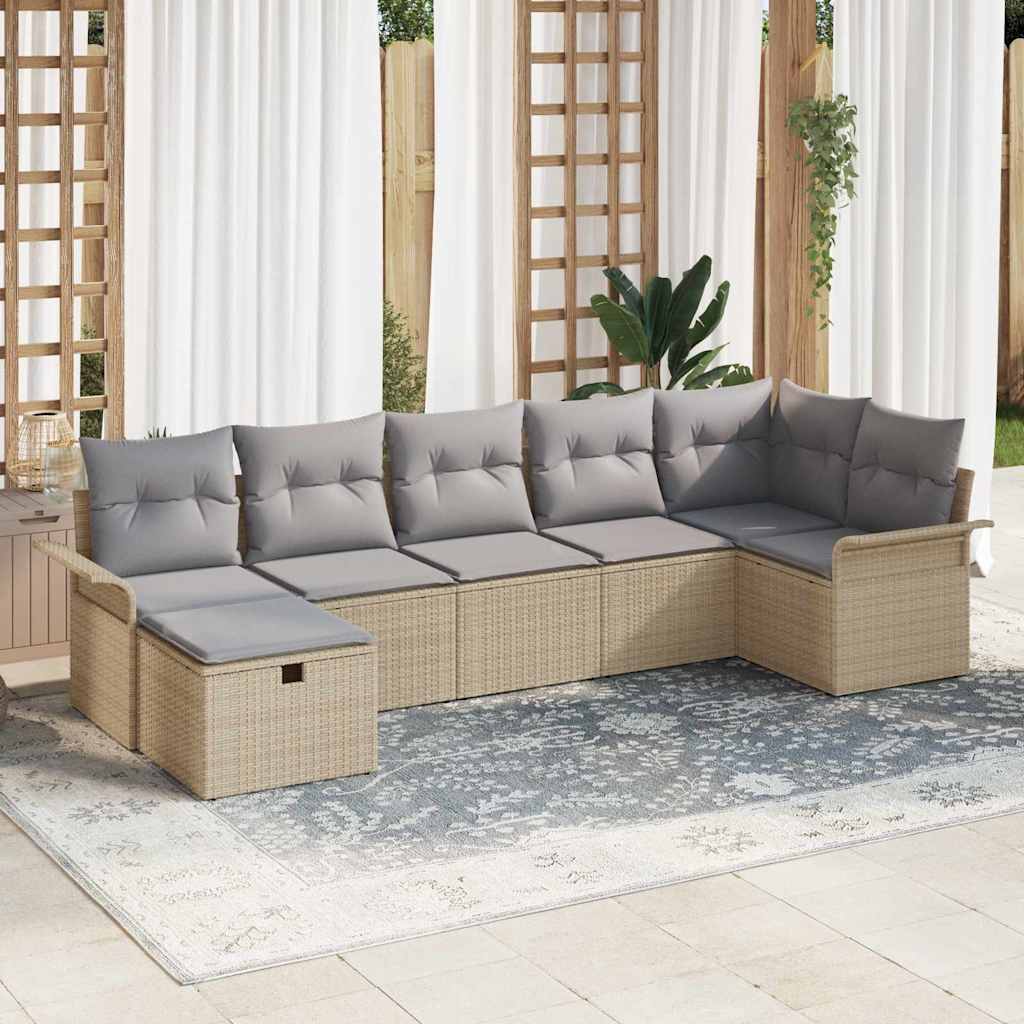 Gartensofa-set mit Kissen 7 pcs Beige und Hellgrau Poly-Rattan