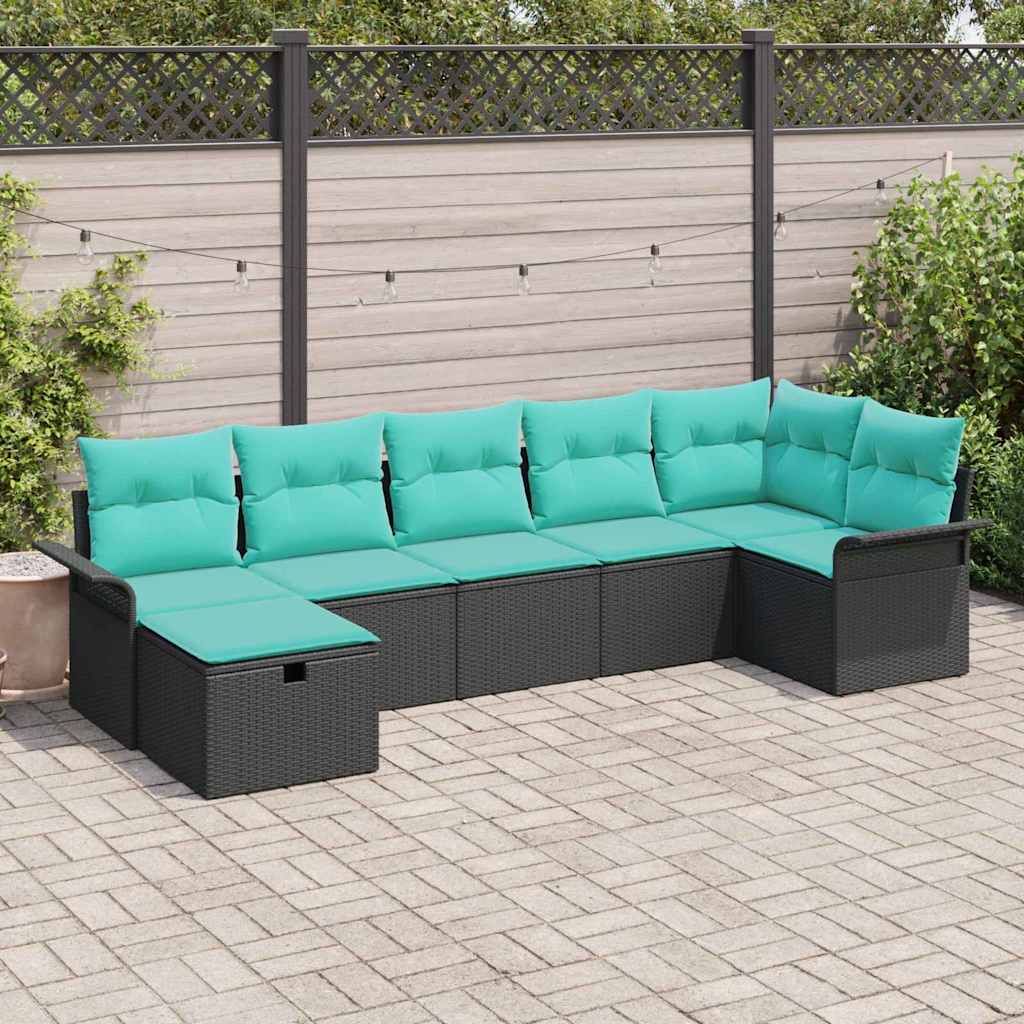 Gartensofa-set mit Kissen 7 pcs Schwarz und Türkis Poly-Rattan