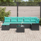 Gartensofa-set mit Kissen 8 pcs Schwarz und Türkis Poly-Rattan