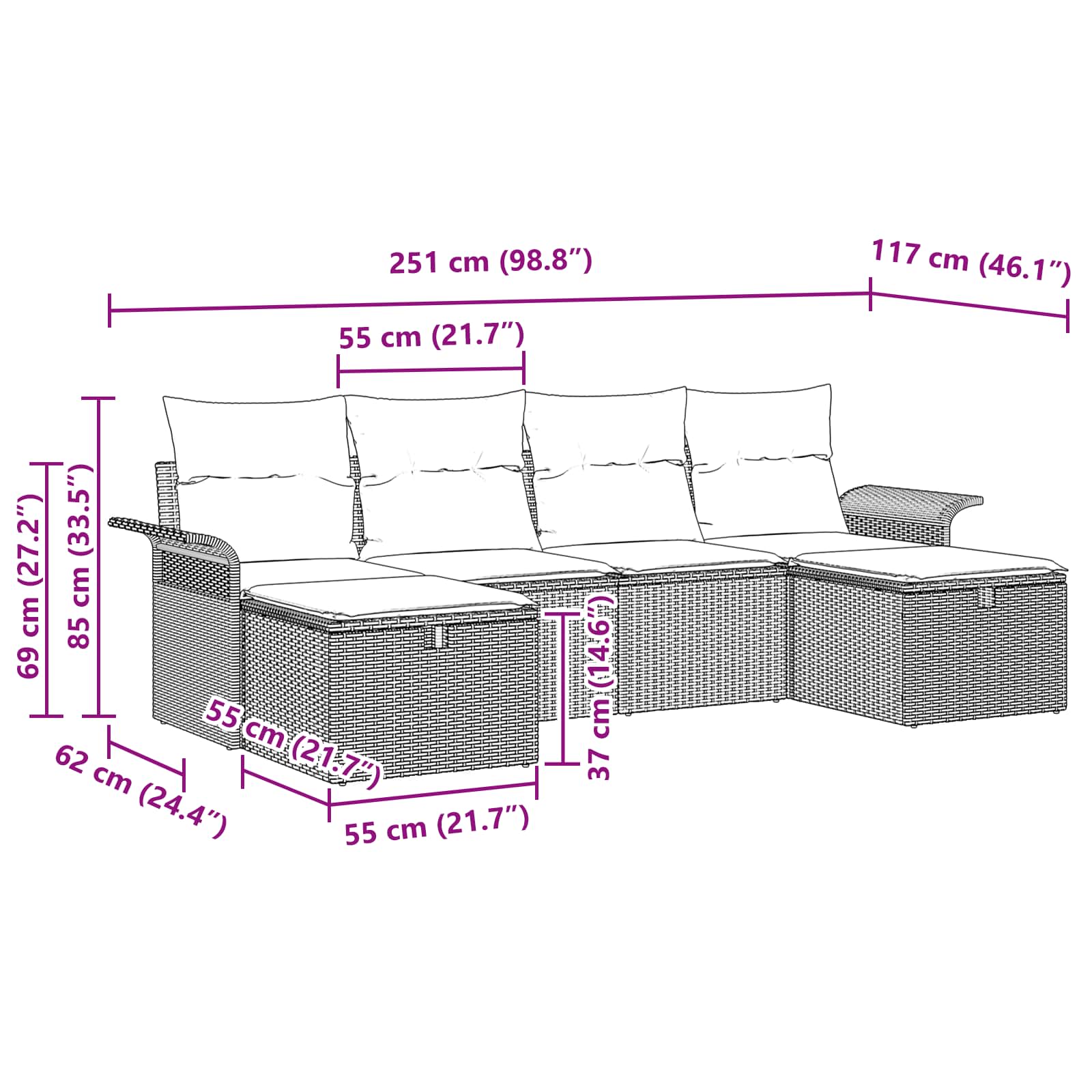 Gartensofa-set mit Kissen 6 pcs Grau und Marineblau Poly-Rattan