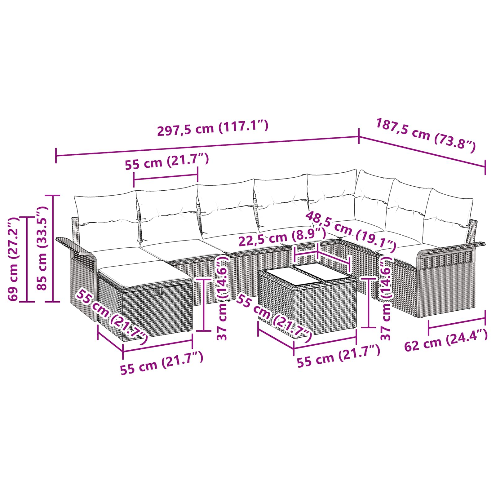 Gartensofa-set mit Kissen 9 pcs Grau und Marineblau Poly-Rattan