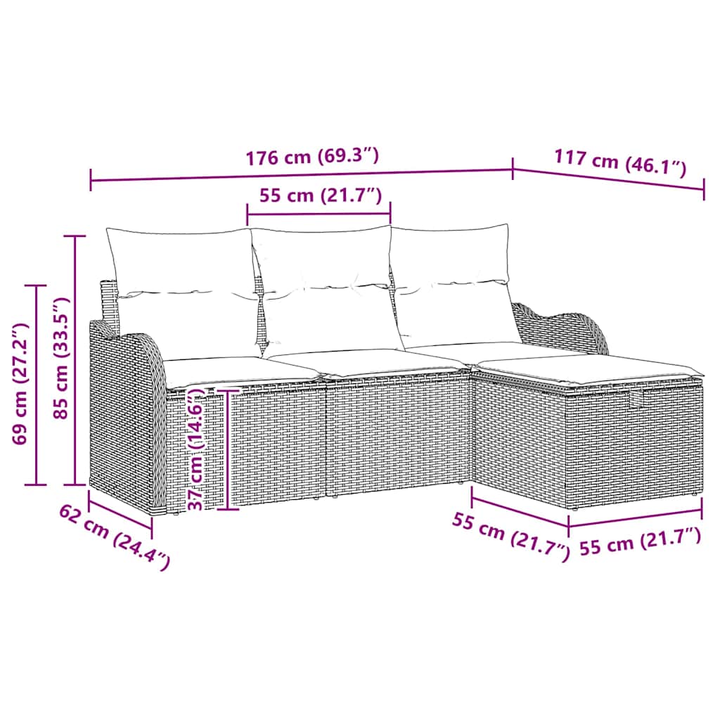 Gartensofa-set mit Kissen 4 pcs Hellgrau Poly-Rattan