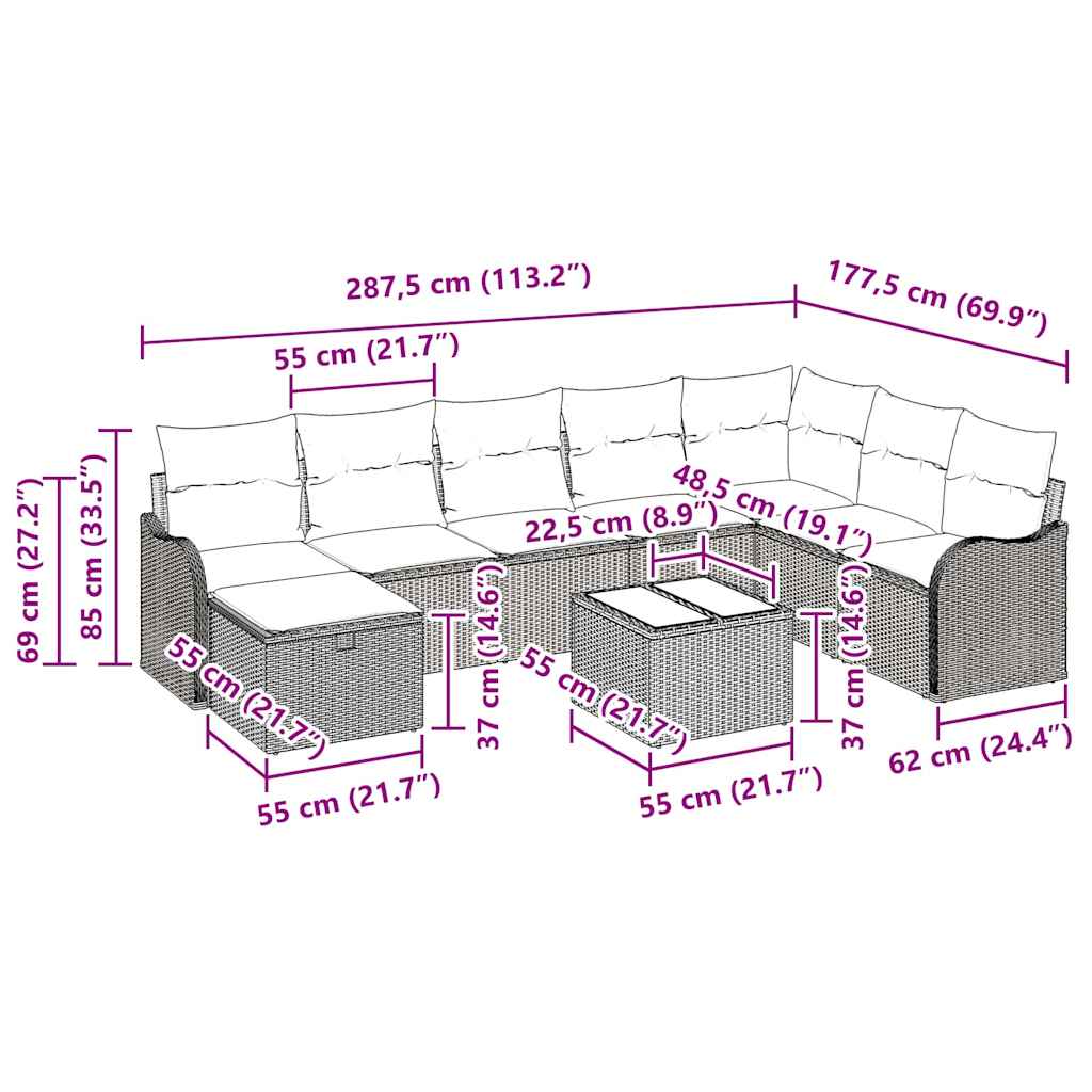 Sofa Set mit Kissen mit Speicher 9 pcs Hellgrau Poly-Rattan
