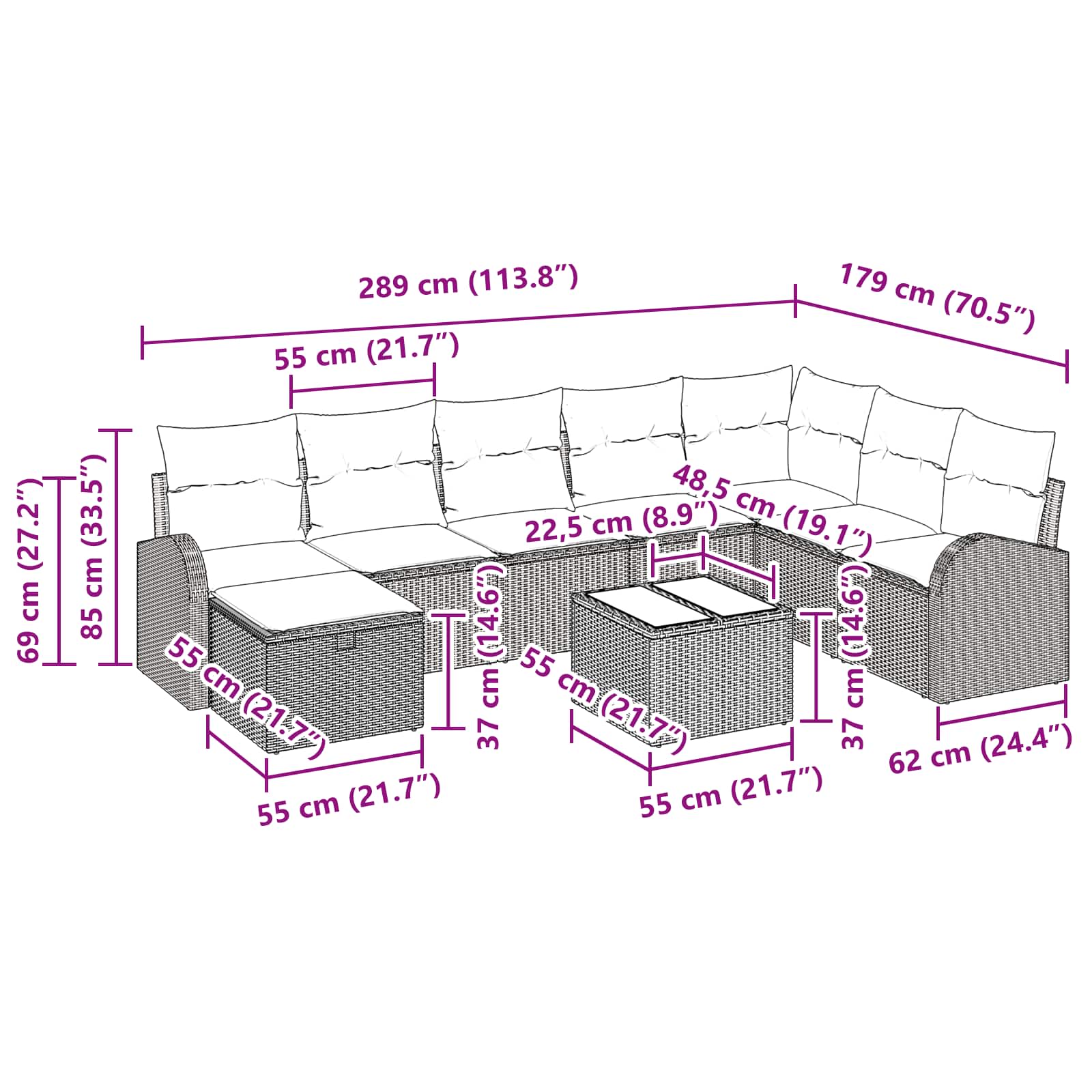 Sofa Set mit Kissen 9 pcs Braun und Rot Poly-Rattan