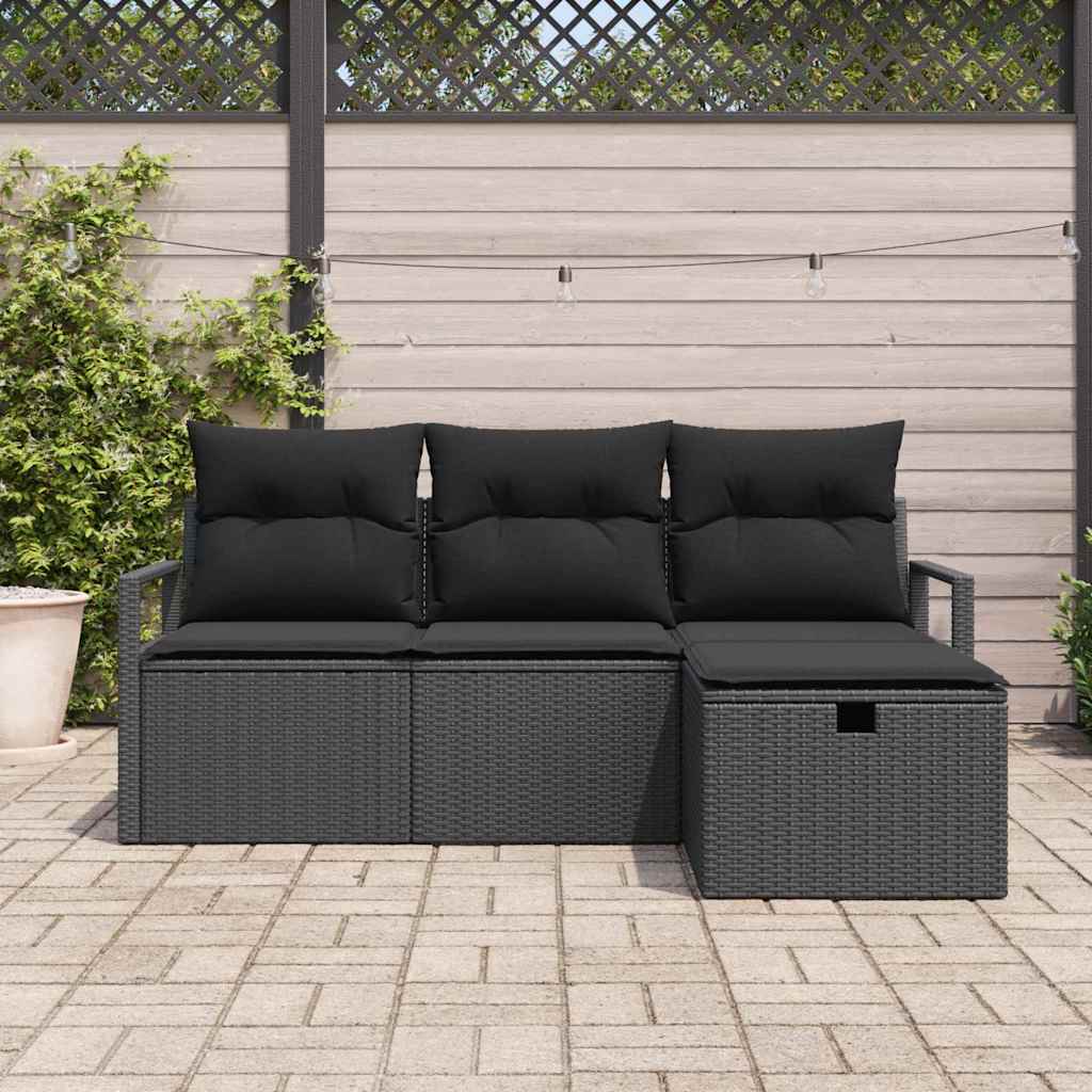 Sofa Set mit Kissen mit Speicher 4 pcs Schwarz Poly-Rattan