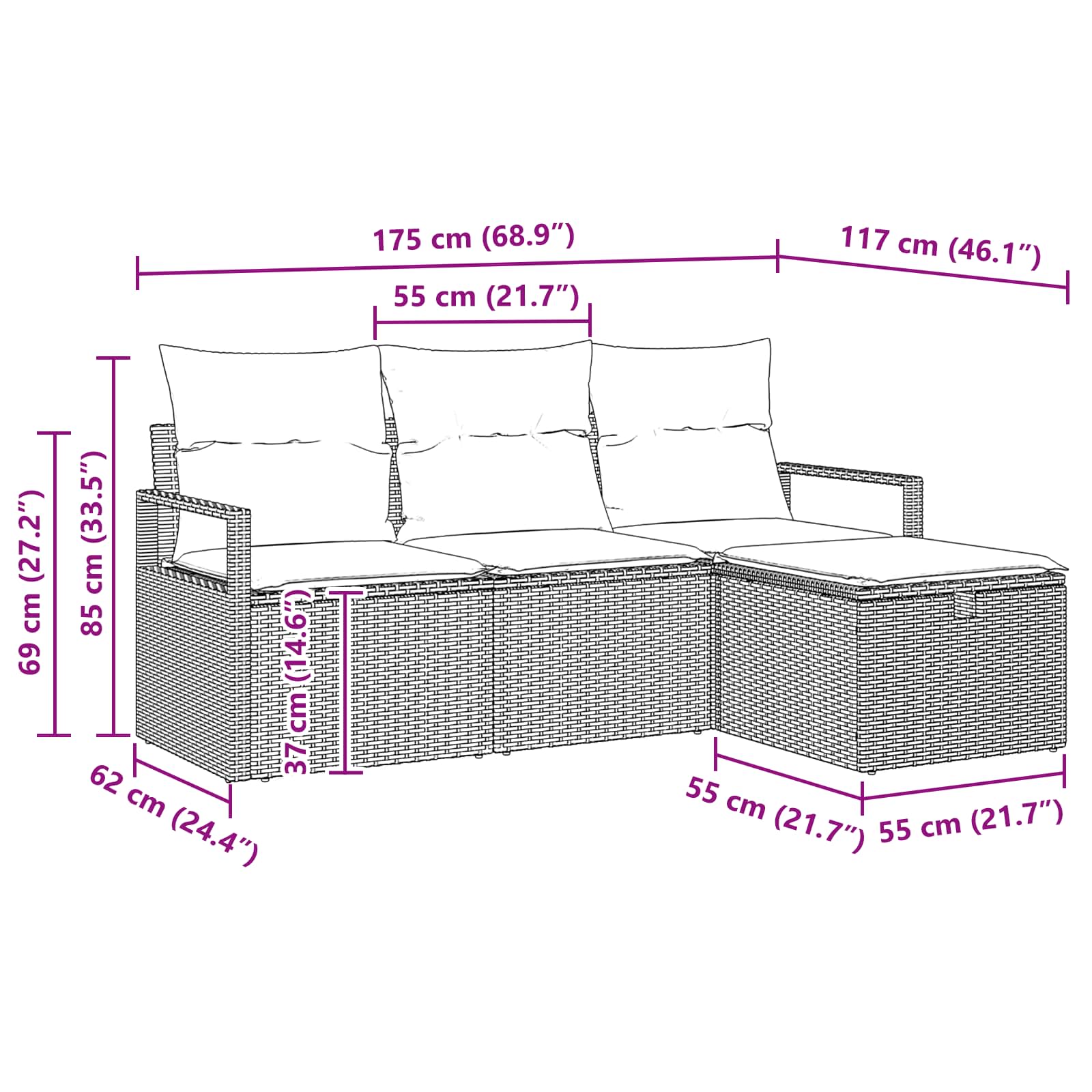 Sofa Set mit Kissen 4 pcs Schwarz und Türkis Poly-Rattan