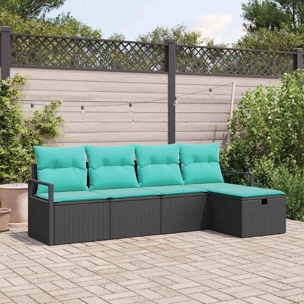Sofa Set mit Kissen 5 pcs Schwarz und Türkis Poly-Rattan