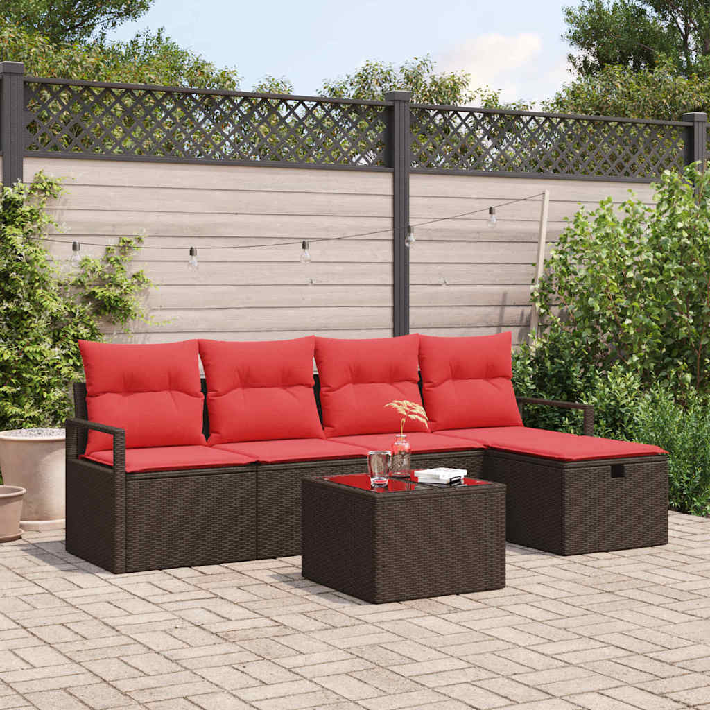 Sofa Set mit Kissen 6 pcs Braun und Rot Poly-Rattan