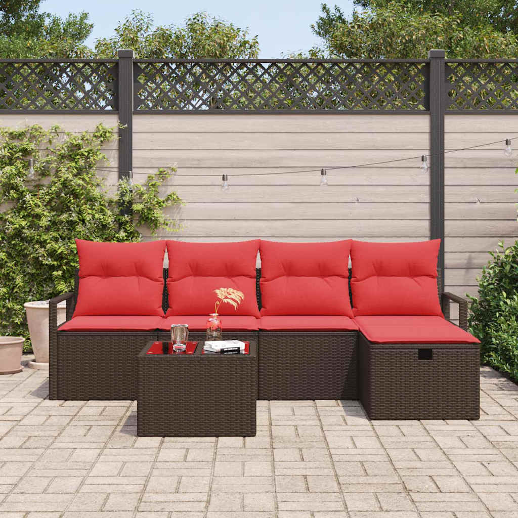 Sofa Set mit Kissen 6 pcs Braun und Rot Poly-Rattan