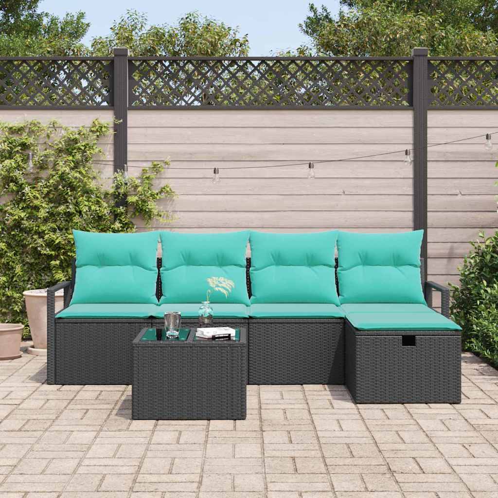 Sofa Set mit Kissen 6 pcs Schwarz und Türkis Poly-Rattan