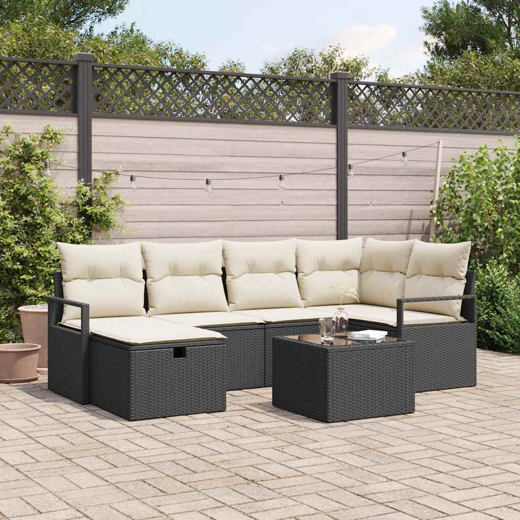 Sofa Set mit Kissen 7 pcs Schwarz und Creme Poly-Rattan