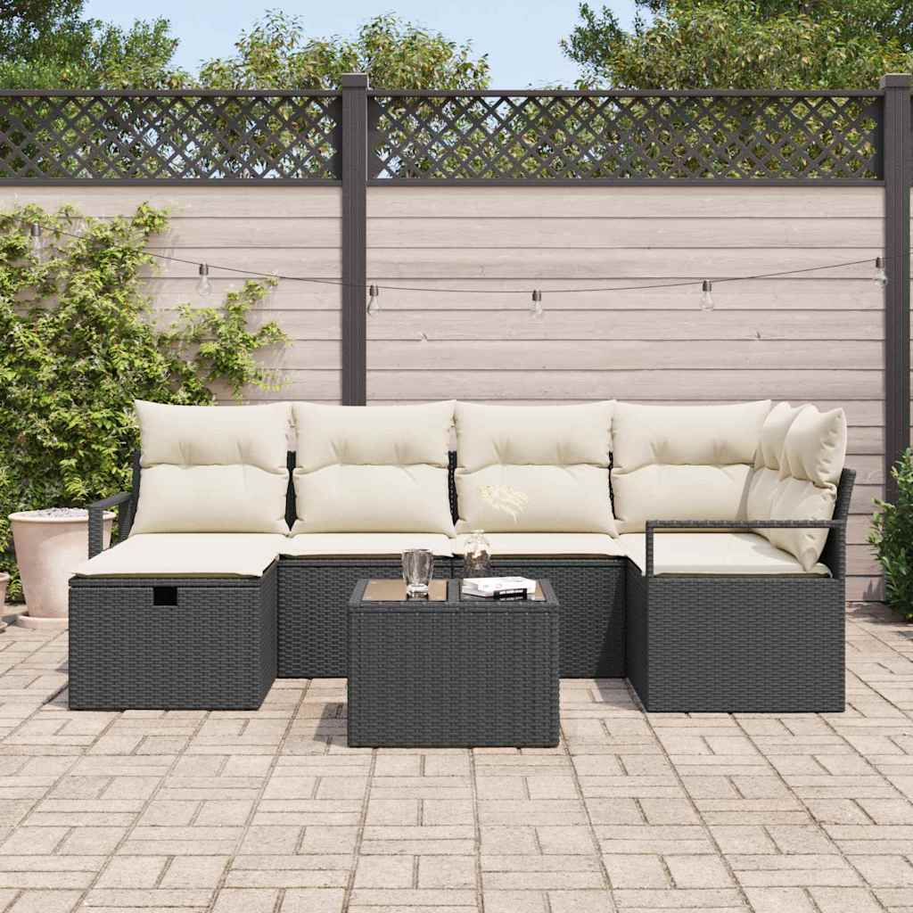 Sofa Set mit Kissen 7 pcs Schwarz und Creme Poly-Rattan