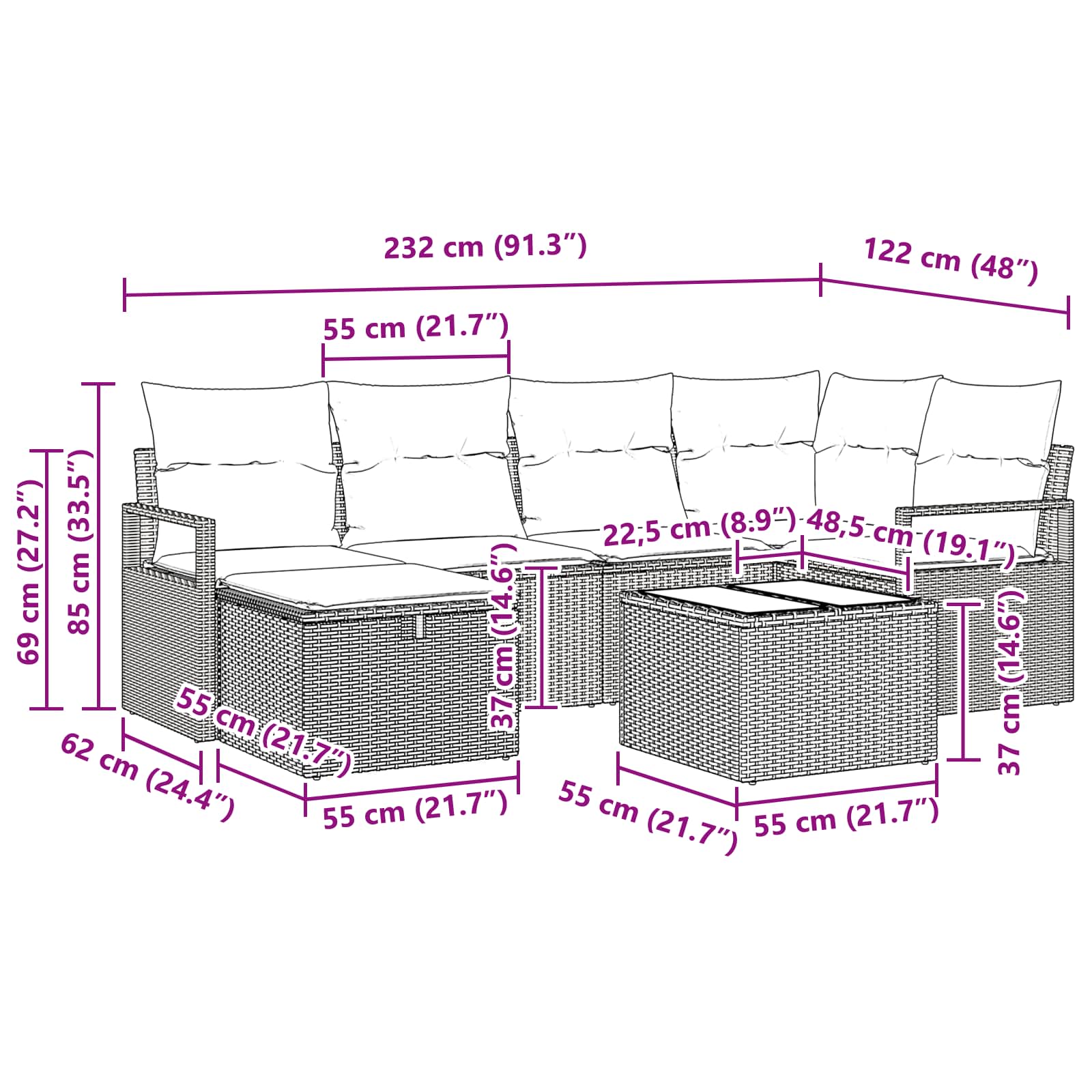 Sofa Set mit Kissen 7 pcs Schwarz und Türkis Poly-Rattan