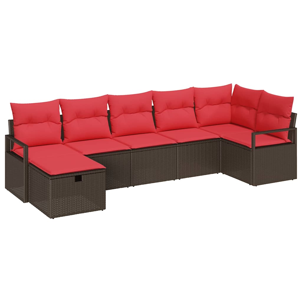 Sofa Set mit Kissen 7 pcs Braun und Rot Poly-Rattan