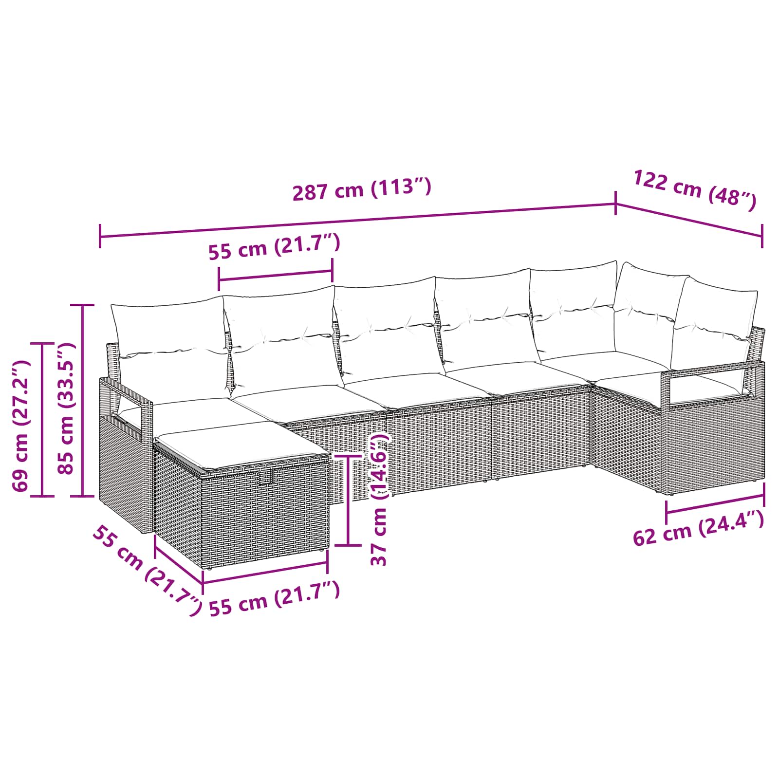 Sofa Set mit Kissen 7 pcs Grau und Marineblau Poly-Rattan