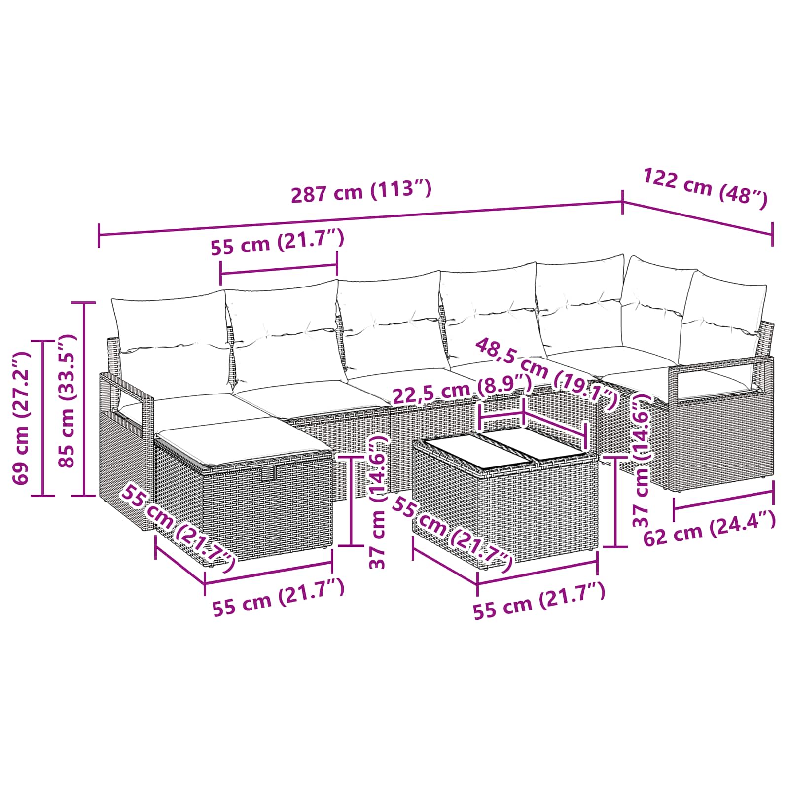 Sofa Set mit Kissen 8 pcs Schwarz und Türkis Poly-Rattan