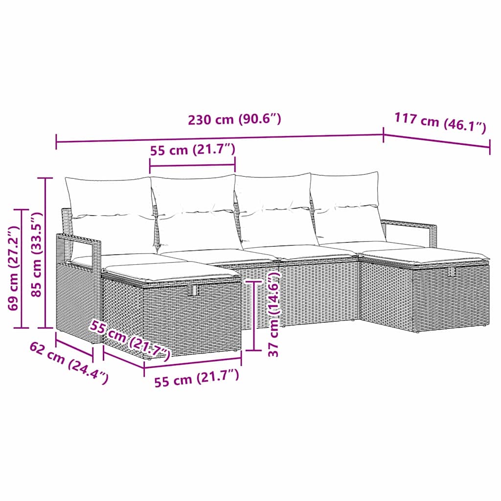 Sofa Set mit Kissen mit Speicher 6 pcs Hellgrau Poly-Rattan