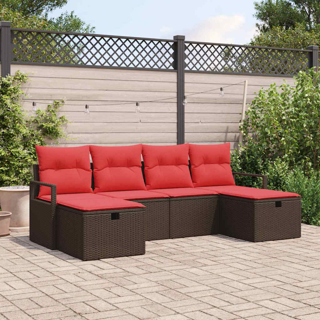 Sofa Set mit Kissen 6 pcs Braun und Rot Poly-Rattan