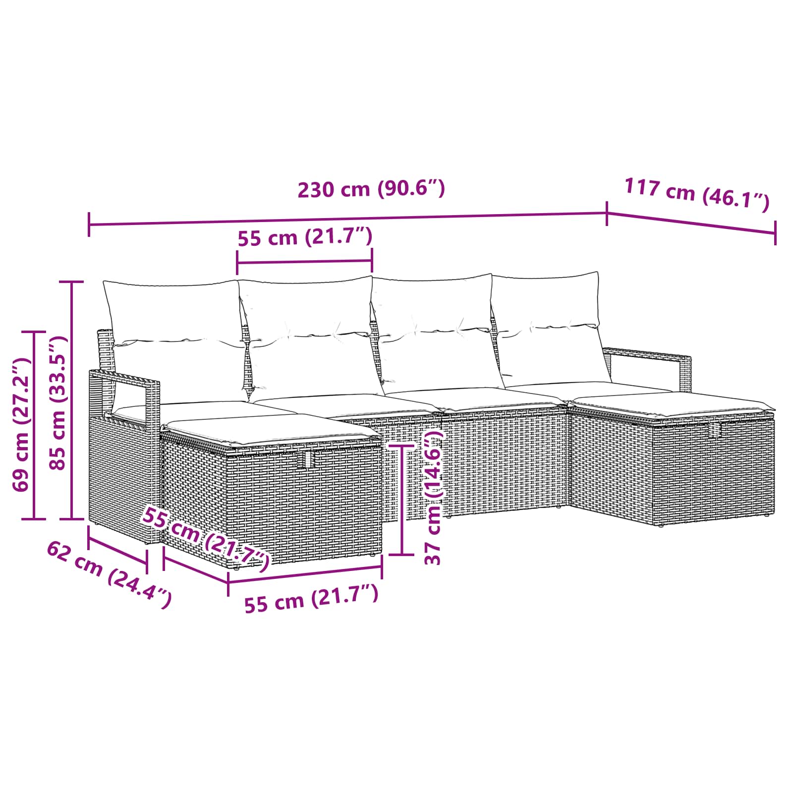 Sofa Set mit Kissen 6 pcs Schwarz und Türkis Poly-Rattan