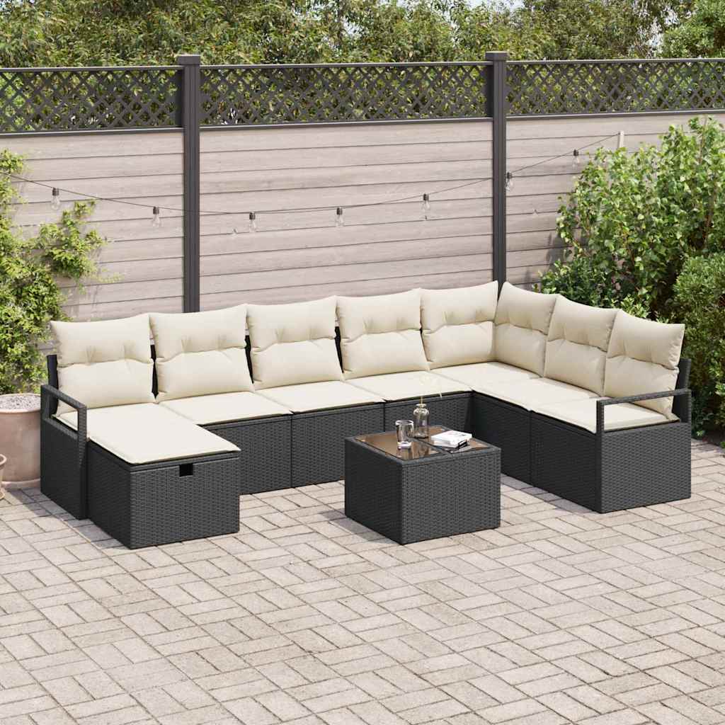 Sofa Set mit Kissen 9 pcs Schwarz und Creme Poly-Rattan
