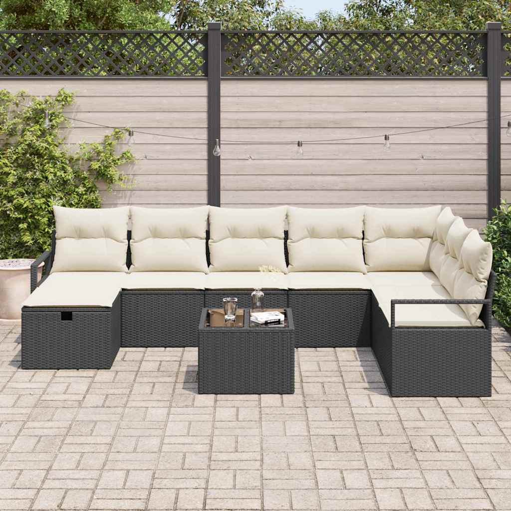 Sofa Set mit Kissen 9 pcs Schwarz und Creme Poly-Rattan