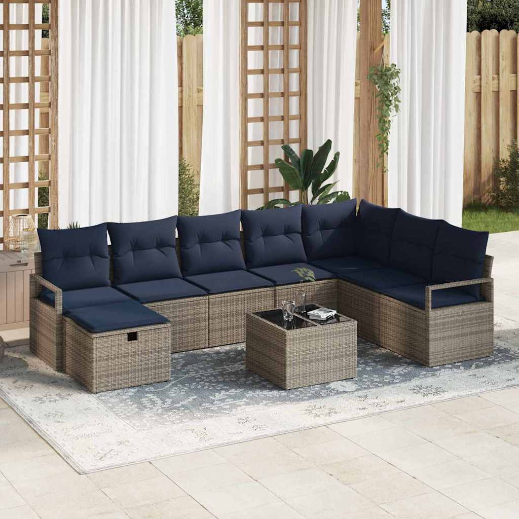 Sofa Set mit Kissen mit Speicher 9 pcs Grau Poly-Rattan