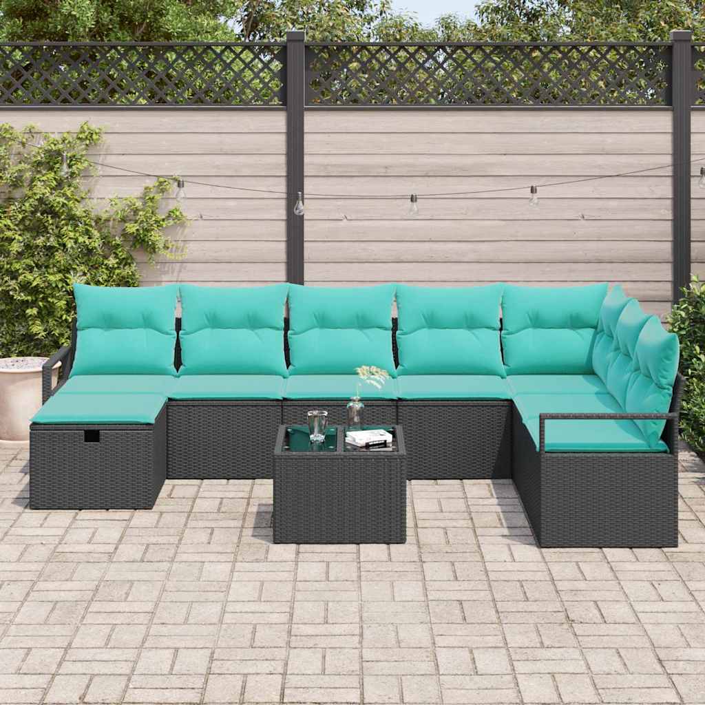 Sofa Set mit Kissen mit Speicher 9 pcs Schwarz Poly-Rattan