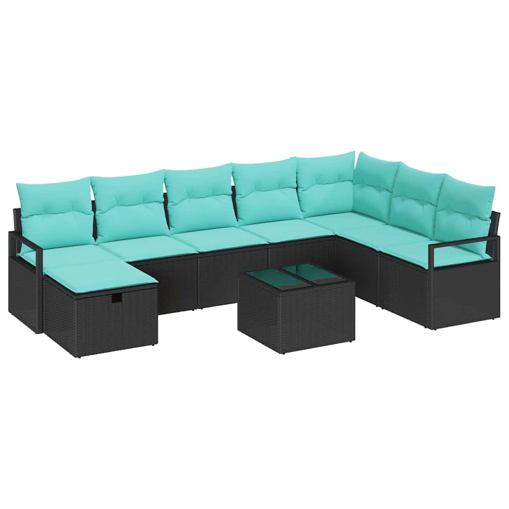 Sofa Set mit Kissen mit Speicher 9 pcs Schwarz Poly-Rattan