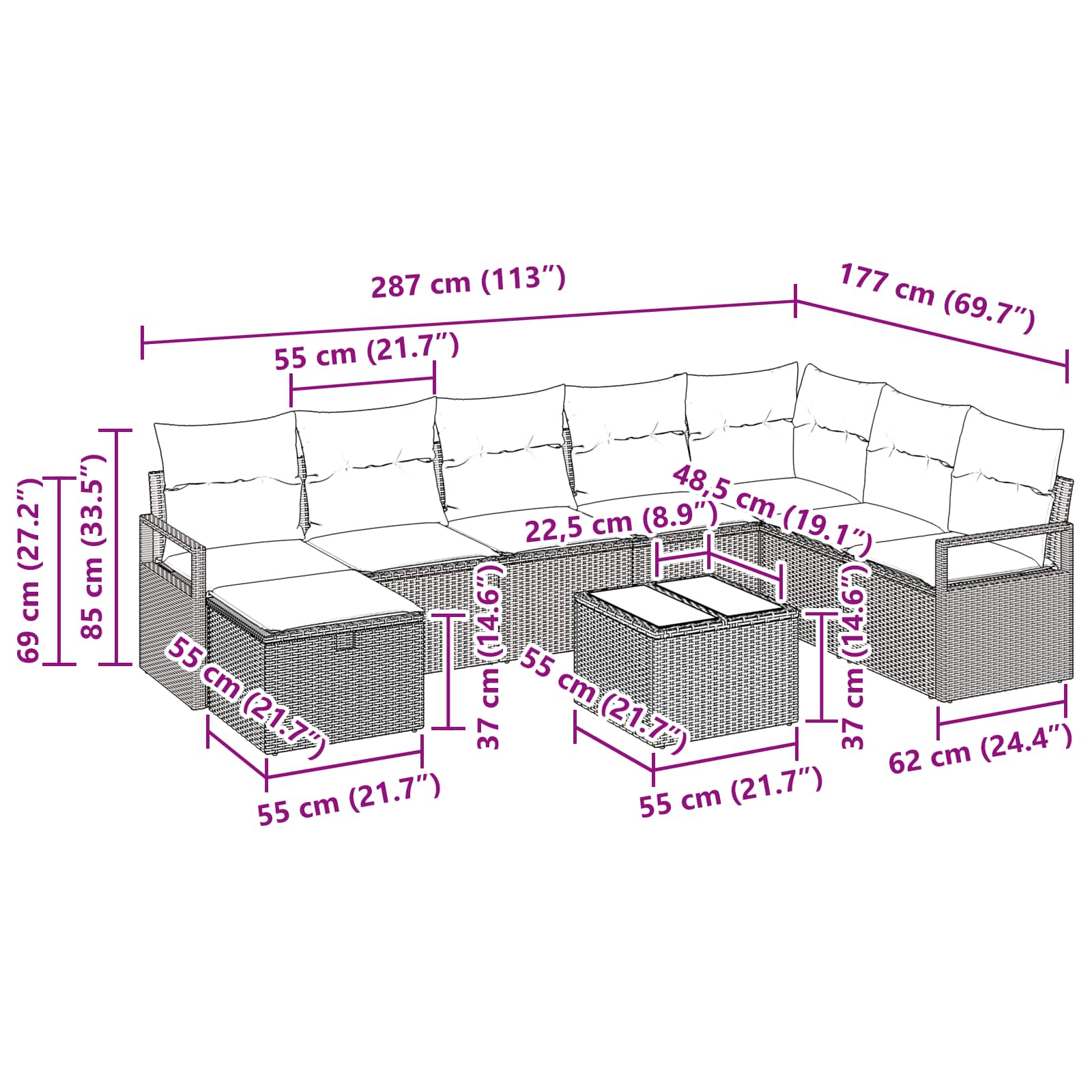 Sofa Set mit Kissen mit Speicher 9 pcs Schwarz Poly-Rattan