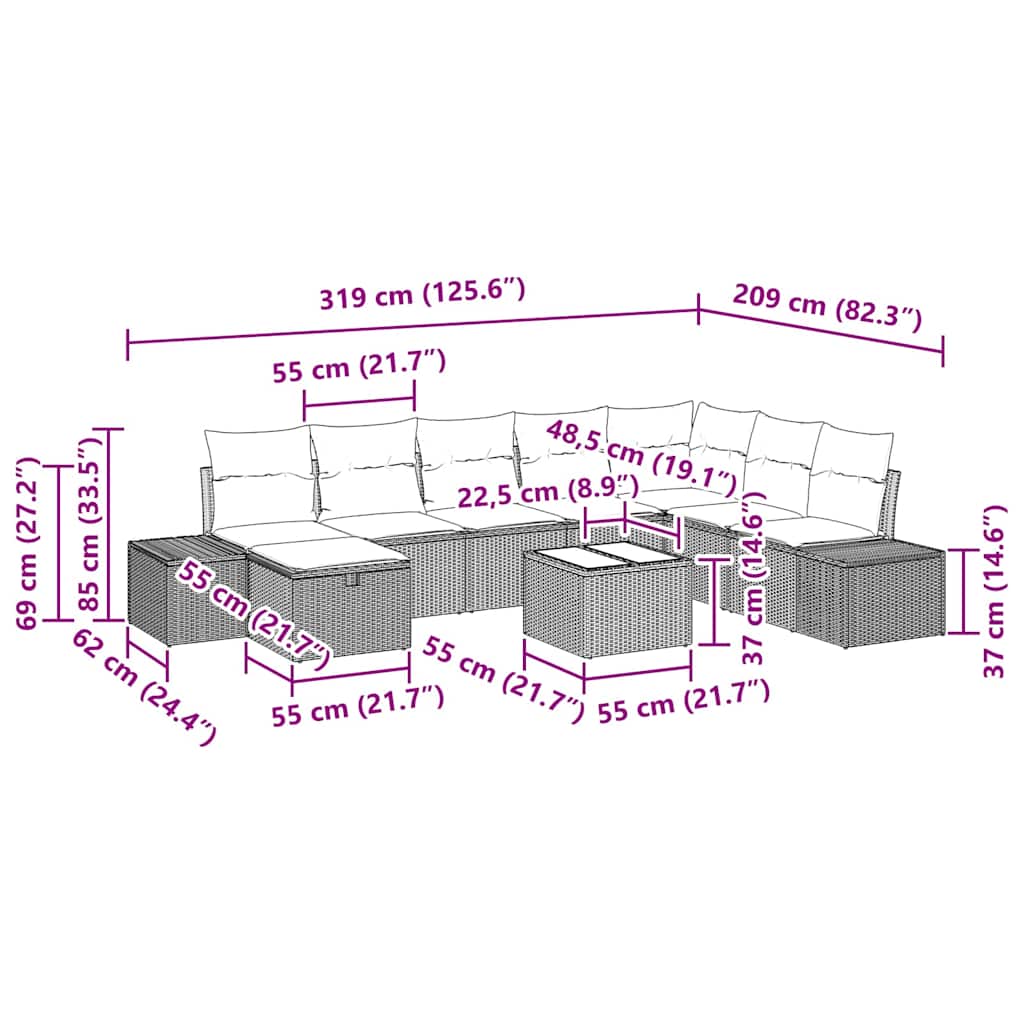 Gartensofa-set mit Kissen 9 pcs Schwarz Poly-Rattan