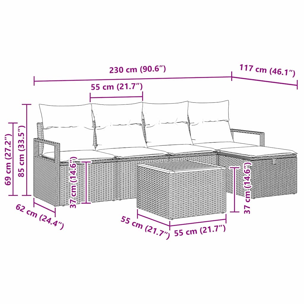 Gartensofa-set mit Kissen 6 pcs Schwarz Poly-Rattan