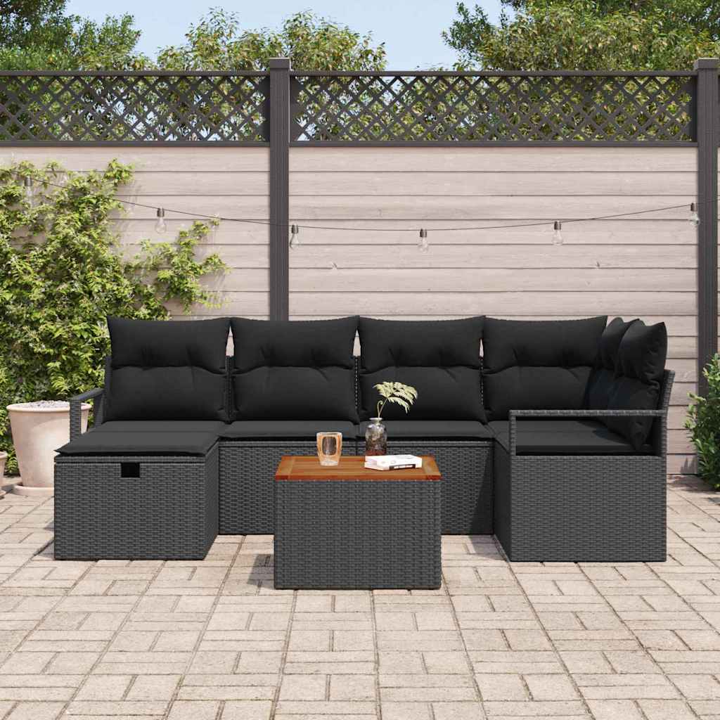 Gartensofa-set mit Kissen 7 pcs Schwarz Poly-Rattan
