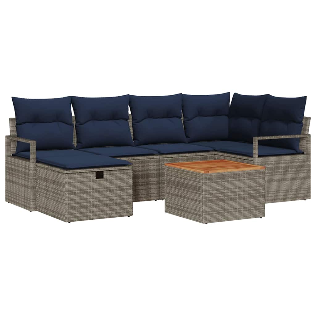 Gartensofa-set mit Kissen mit Speicher 7 pcs Grau Poly-Rattan