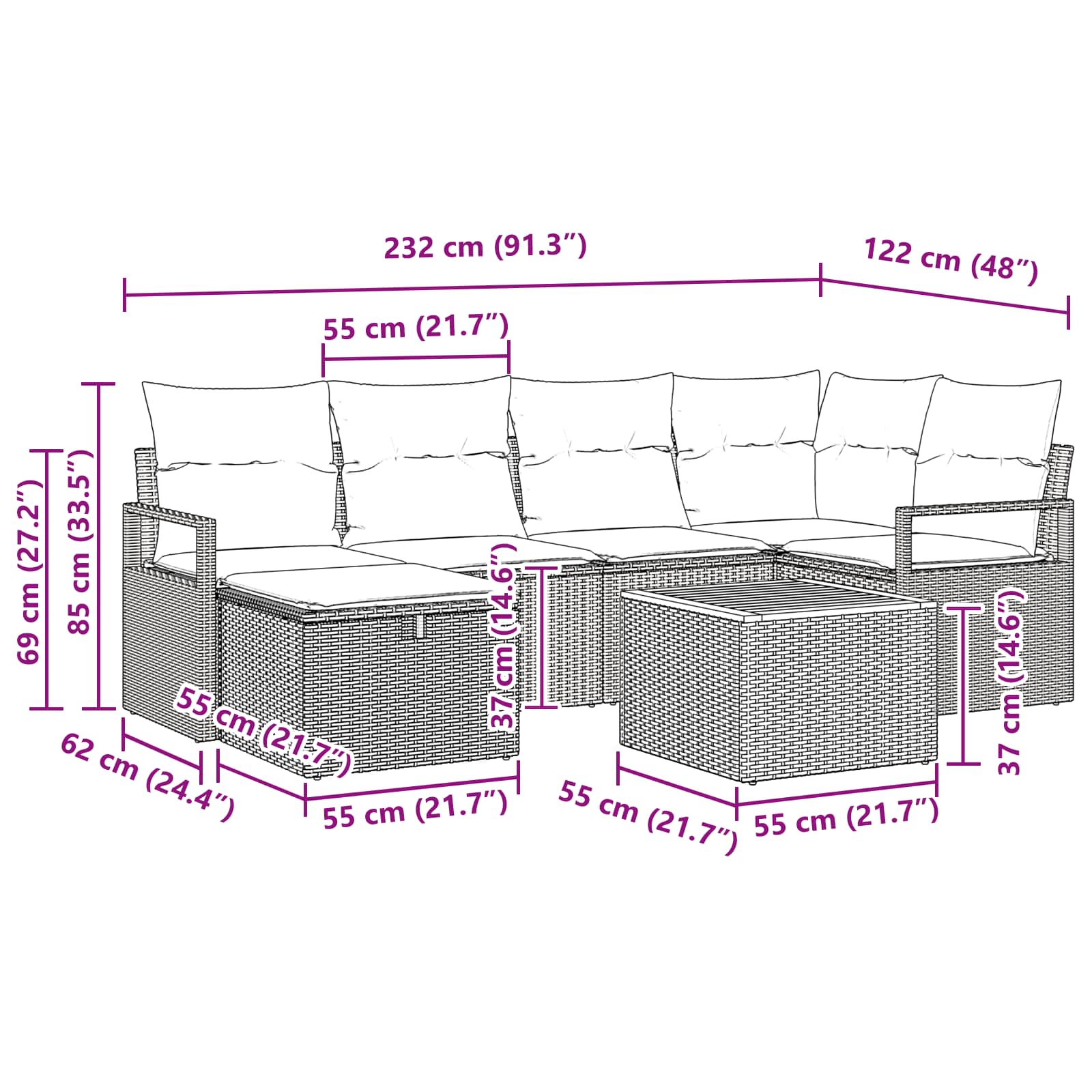 Gartensofa-set mit Kissen 7 pcs Schwarz Poly-Rattan