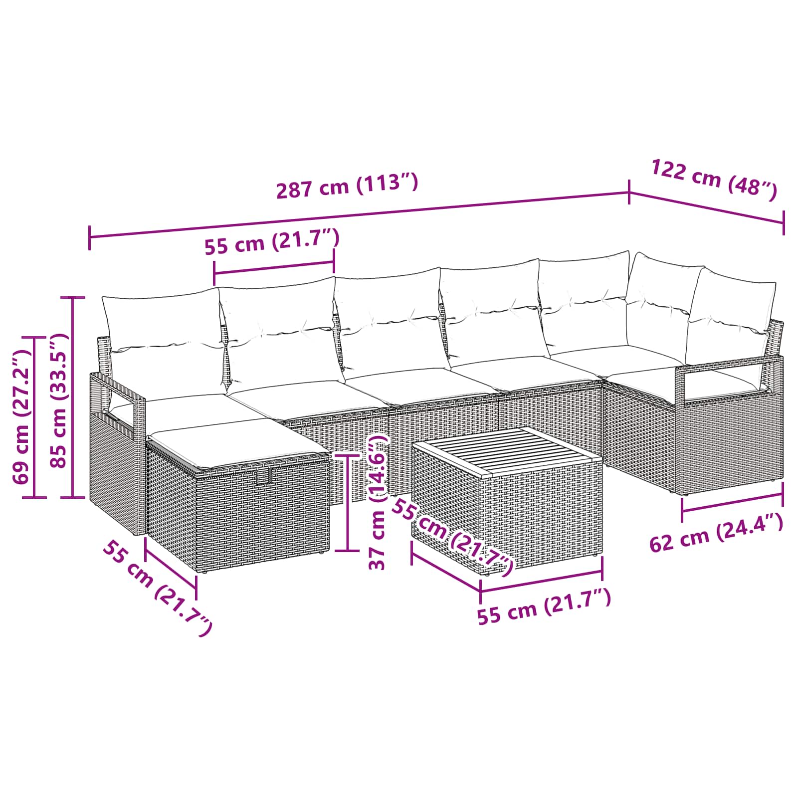 Gartensofa-set mit Kissen mit Speicher 8 pcs Grau Poly-Rattan