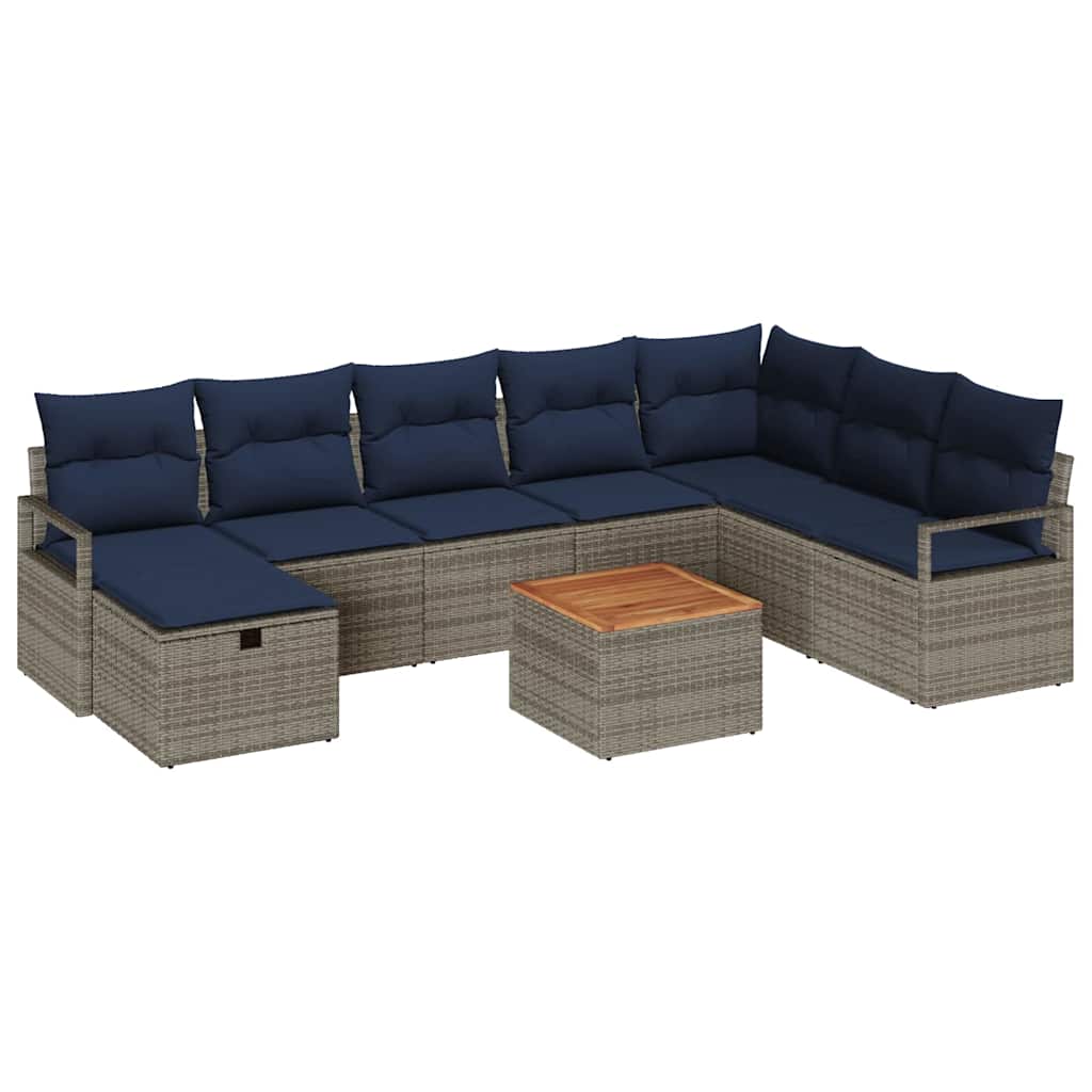 Gartensofa-set mit Kissen mit Speicher 9 pcs Grau Poly-Rattan
