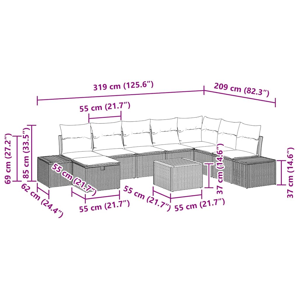 Gartensofa-set mit Kissen 9 pcs Schwarz Poly-Rattan