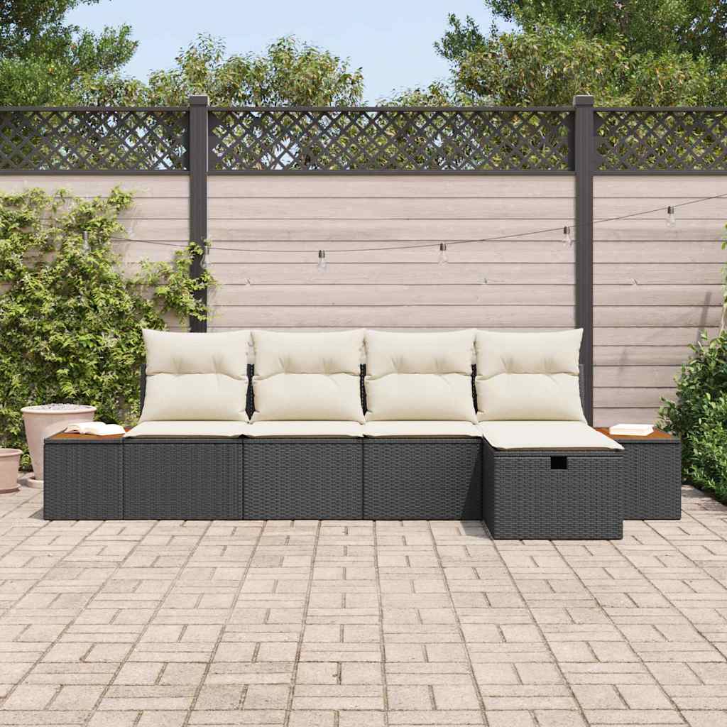 Gartensofa-set mit Kissen 5 pcs Schwarz Poly-Rattan