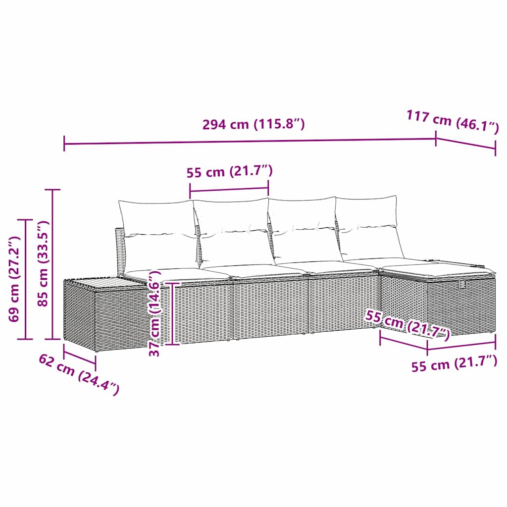 Gartensofa-set mit Kissen 5 pcs Grau Poly-Rattan